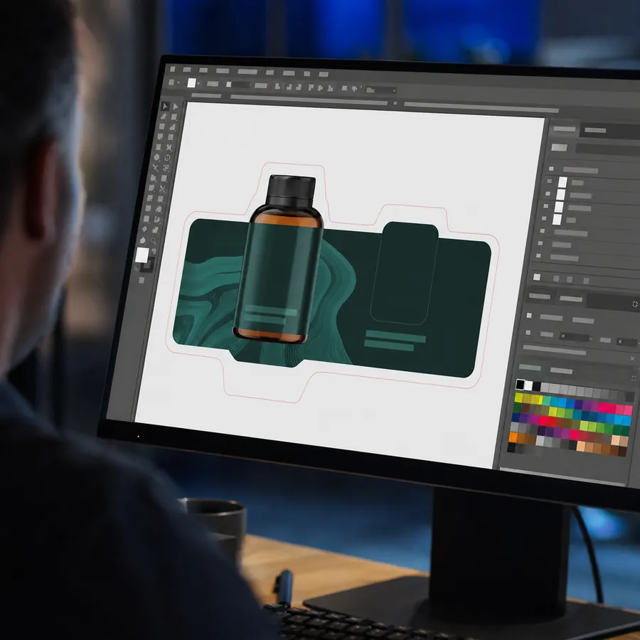 Etikettendesign mit Schnittkontur, erstellt in einem professionellen Design-Tool